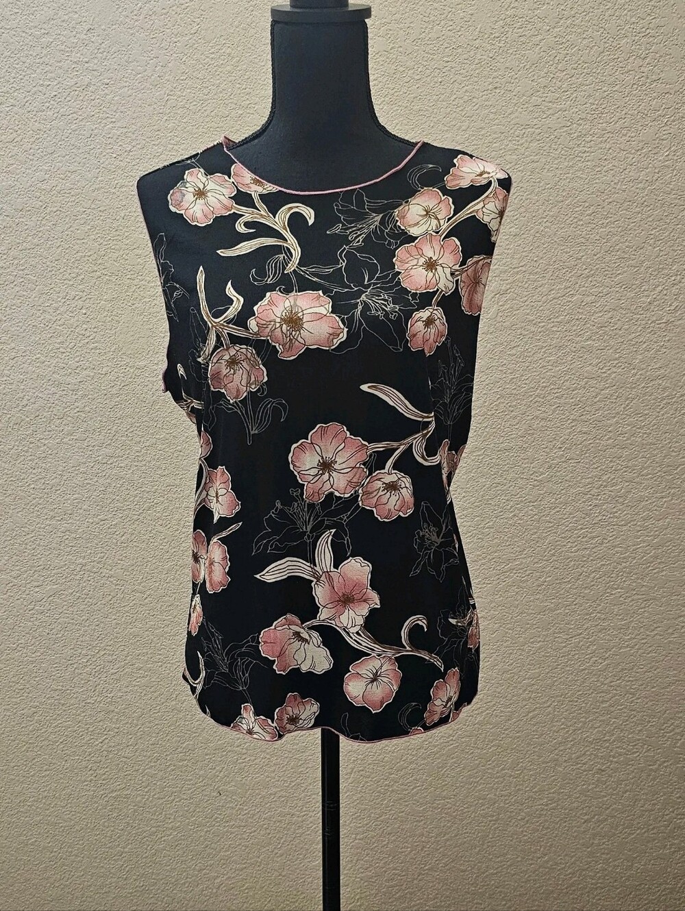 Susan Lawrence Black Floral Sleeveless Cami with Pink Blossoms